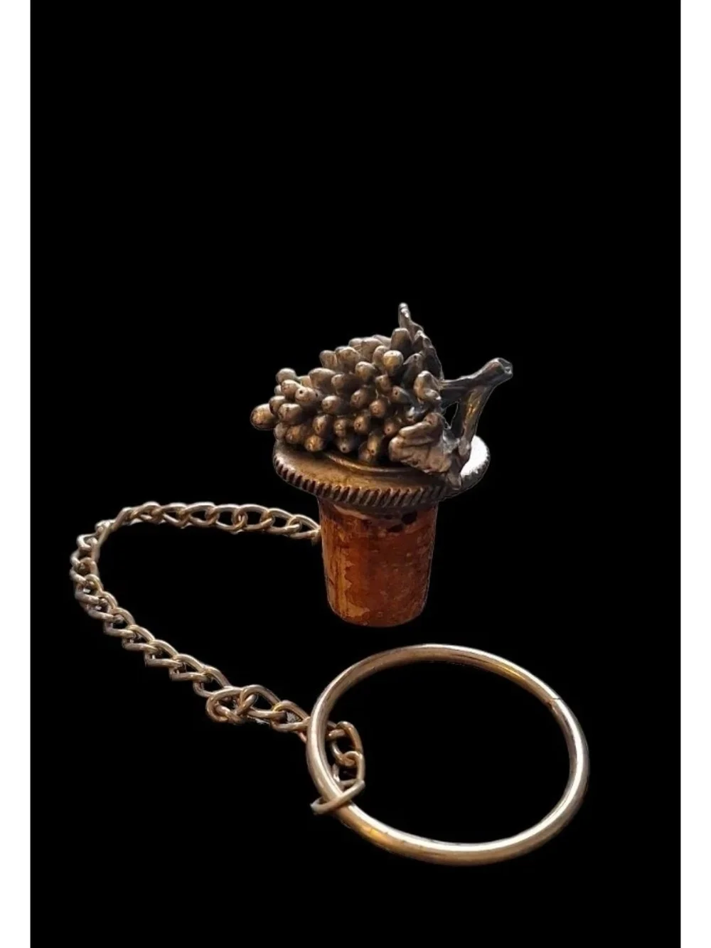 Pewter & Cork Wine Bottle Stopper GRAPE BUNCH DESIGN w/ ring, chain